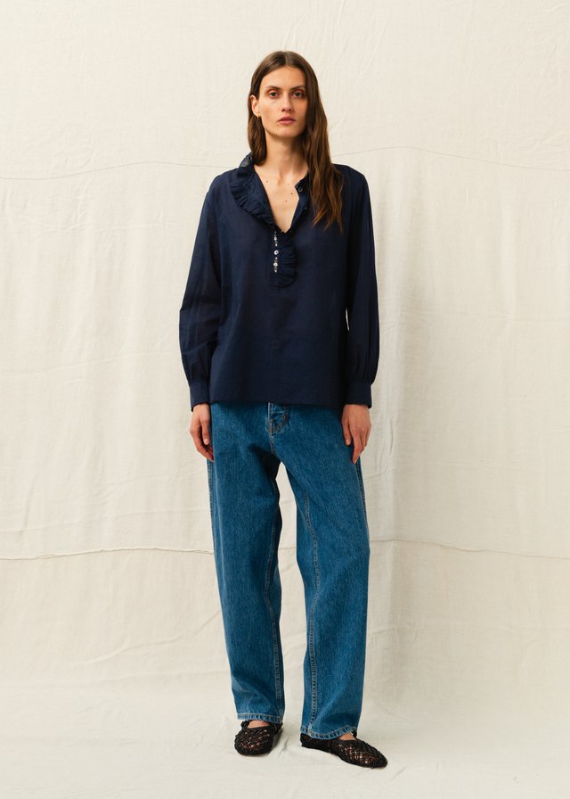Aime_Benson Embroidered Shirt_Navy & Jesse Kamm_California Wide Jean_Cowboy Blue_01.jpg
