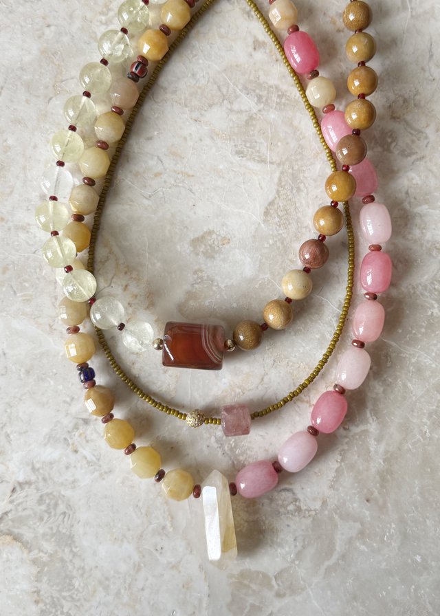 Milne Watson_Pink Dyed Aventurine & Yellow Jade Necklace Stack_02.jpg