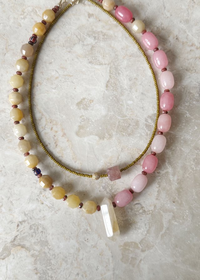 Milne Watson_Pink Dyed Aventurine & Yellow Jade Necklace Stack_01.jpg